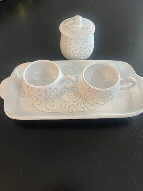 Coffee Espresso Set Italy White Scroll Ceramic Signed